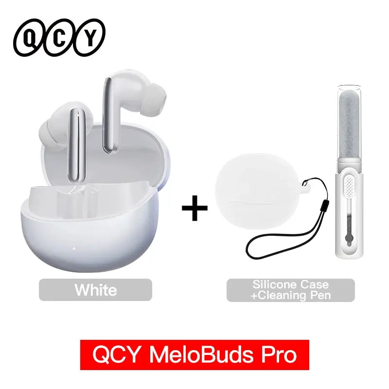 QCY MeloBuds Pro wireless white earbuds with charging case; silicone case and cleaning pen included