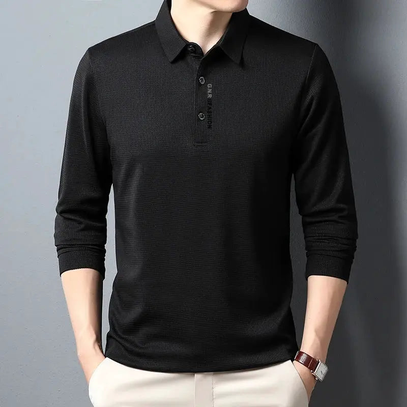 Men's waffle-knit long-sleeve polo shirt in black with vertical letter print on placket