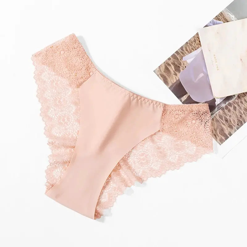 Peach pink silk satin lace-trim panties for women with breathable soft-fit comfort