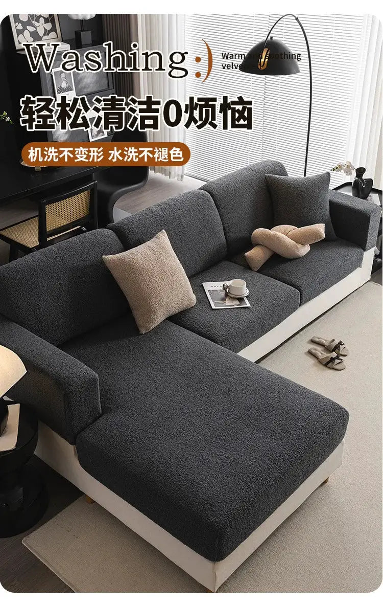 Sofa cover by Simples Market in dark gray teddy fleece with non-slip elastic for sectional
