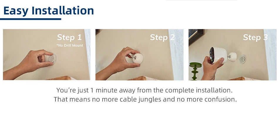 IMILAB EC4 outdoor security camera by Simples Market, white, 3-step installation guide.