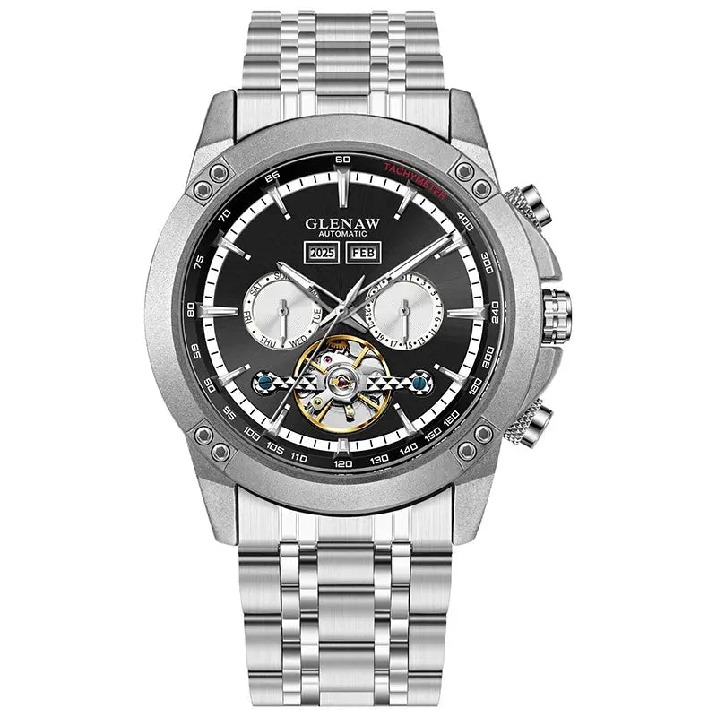 Glenaw stainless steel automatic men's watch with skeleton dial