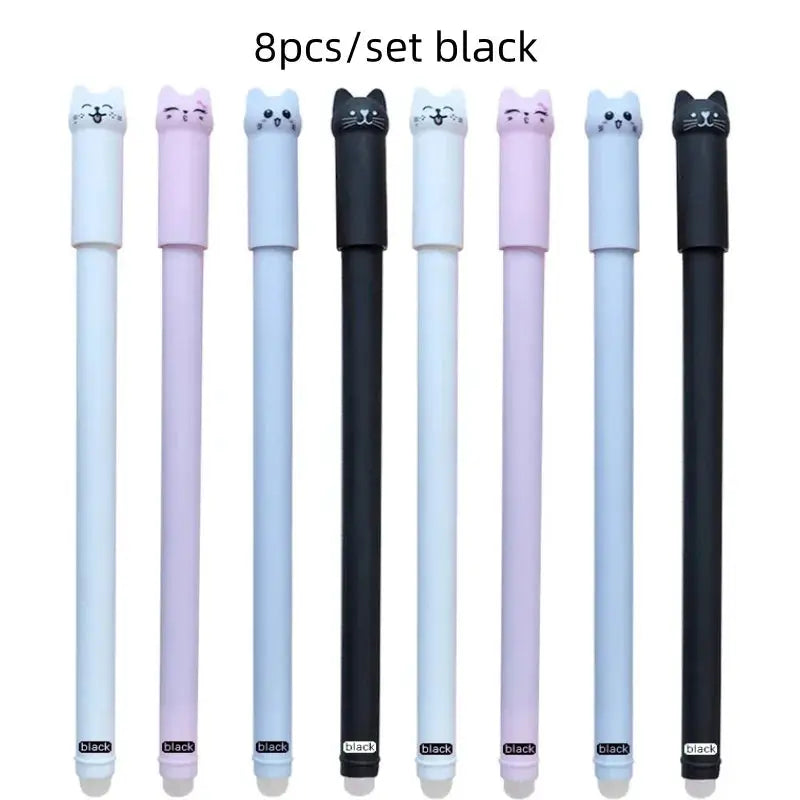 Cat-themed gel pen set, 8 pieces, assorted colors with cat head caps, 0.5mm erasable ink