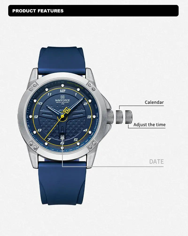 NAVIFORCE casual quartz wristwatch with blue silicone strap, blue dial, silver case, waterproof, date display