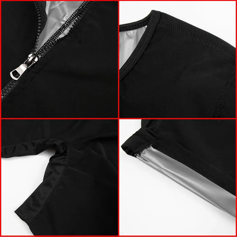 Black sauna waist-trainer jumpsuit bodysuit with front zipper and reinforced seams.