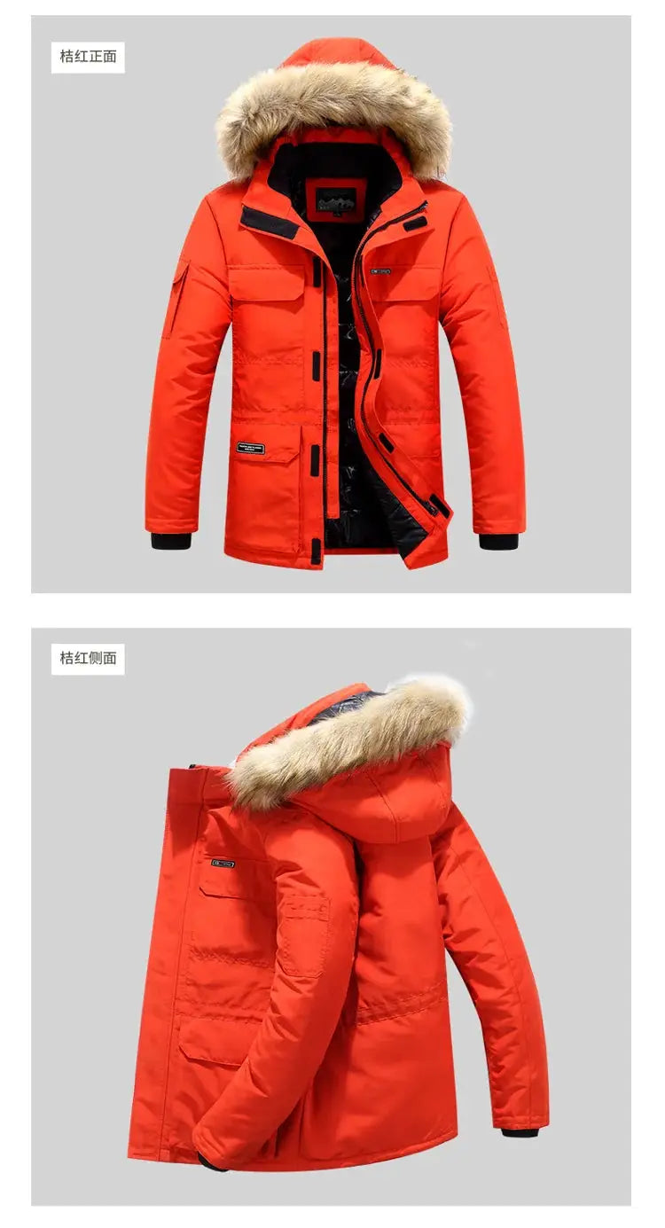 Simples Market men's red fur-trimmed hooded down parka, mid-length winter coat