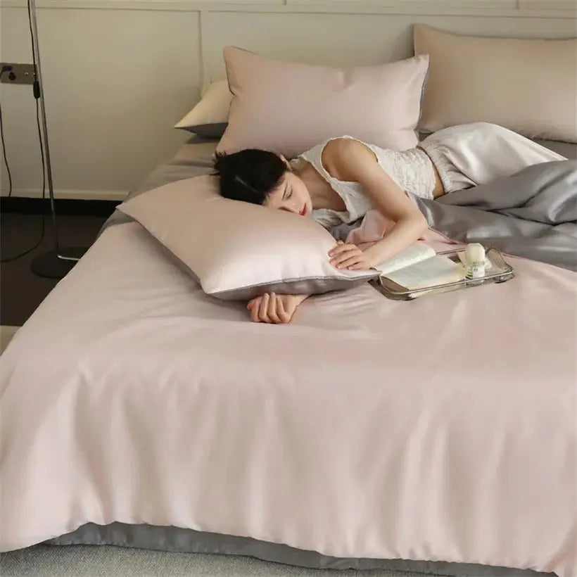 Mulberry Silk Bedding Set by Simples Market; blush pink 100% silk duvet cover, sheets and pillowcases.
