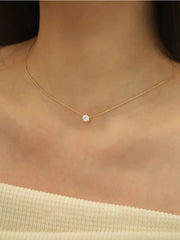 PerisBox dainty minimalist zircon necklace with rose-gold stainless steel chain and round clear CZ pendant