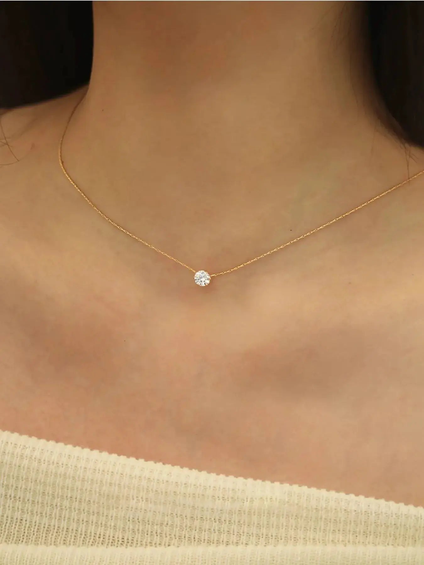 PerisBox dainty minimalist zircon necklace with rose-gold stainless steel chain and round clear CZ pendant