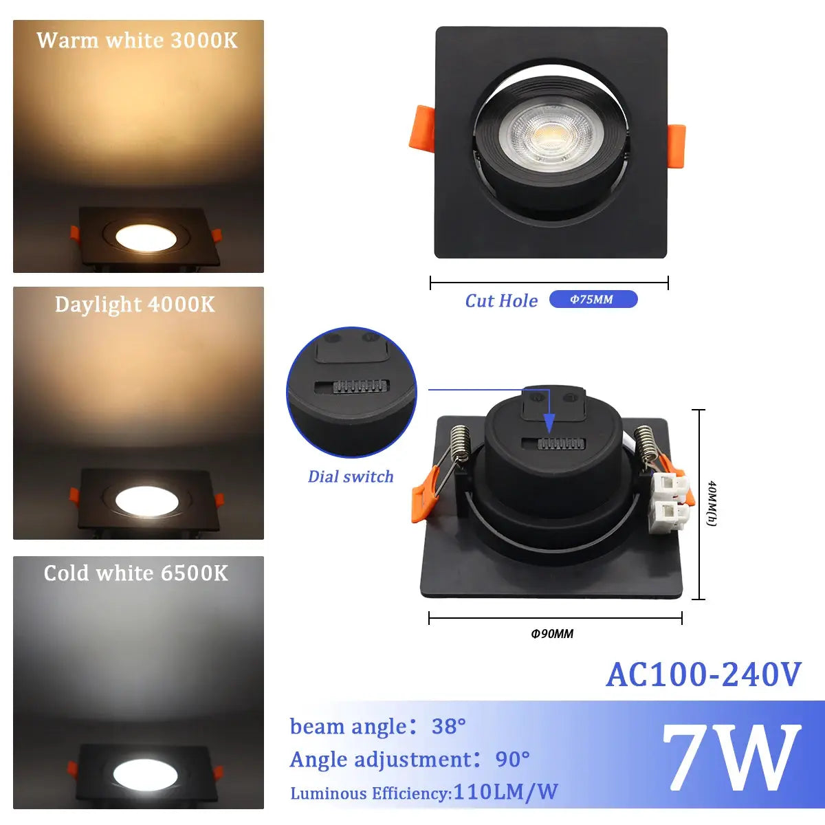 Simples Market 7W LED ceiling spotlight, recessed, 3CCT 3000K/4000K/6000K, AC100-240V, 90° adjustable