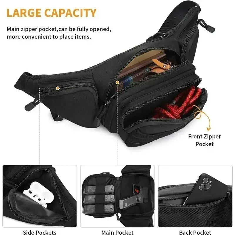 Simples Market tactical waist pack, black nylon fanny pack with large capacity and multiple pockets.