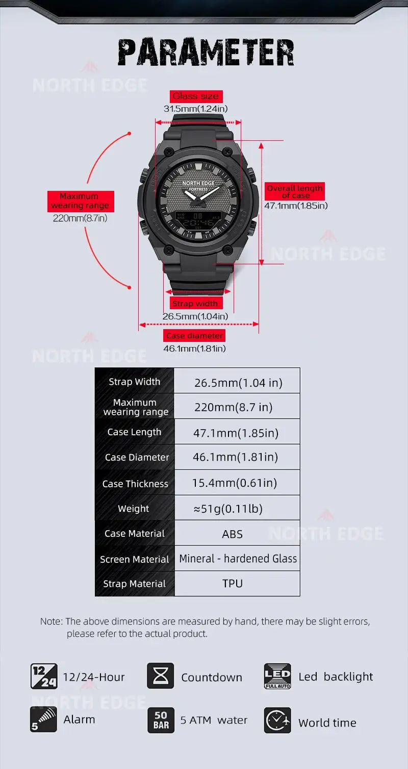 North Edge Fortress 2026 men's digital watch, black ABS case with TPU strap, 50M water resistant