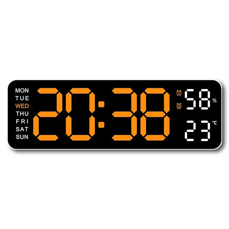 9-inch digital wall clock with orange LED display, USB powered, shows time, week, temp and humidity