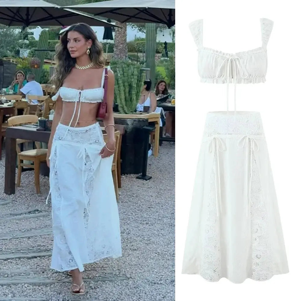 Mingmingxi Off Shoulder Cropped Top Flared Skirt Two Piece Set Women