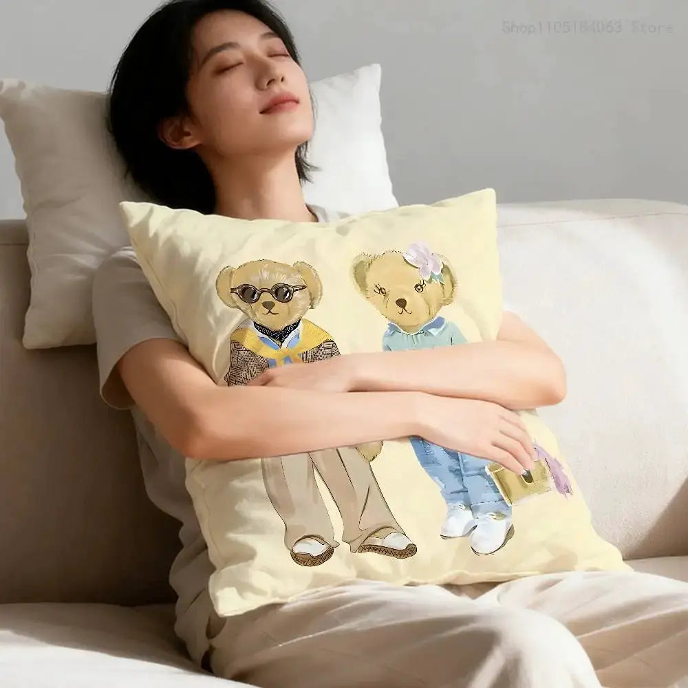 Simples Market fashion bear throw pillow cover, yellow with teddy bear illustration; fits 30x30-55x55 cm square pillows.