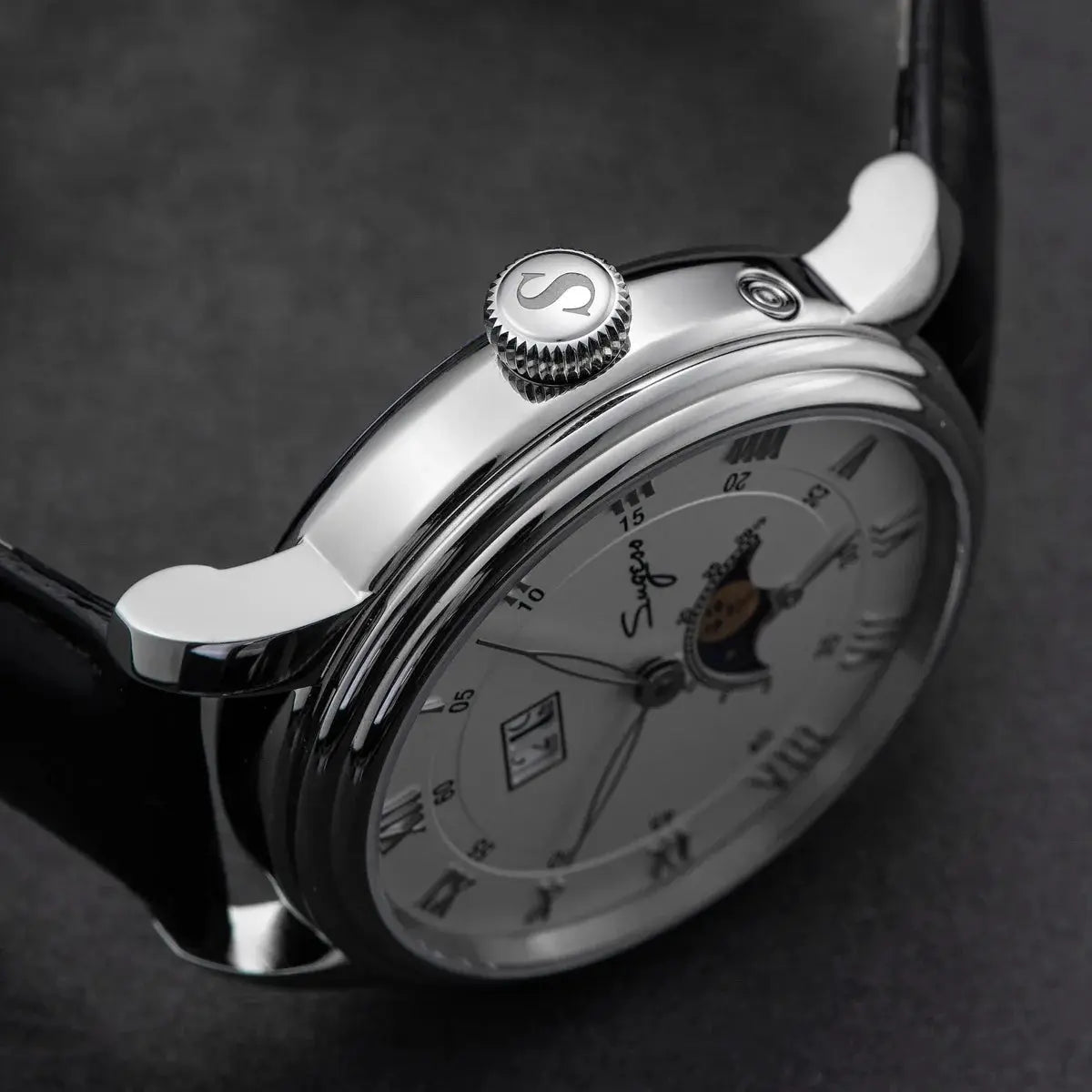 Sugess Moonphase men's watch with 40mm stainless steel case and blue sandstone dial