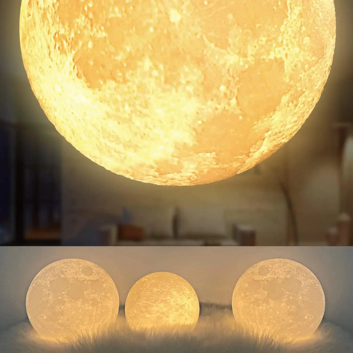 Five moon lamp spheres glowing warm amber LED lights for room decor