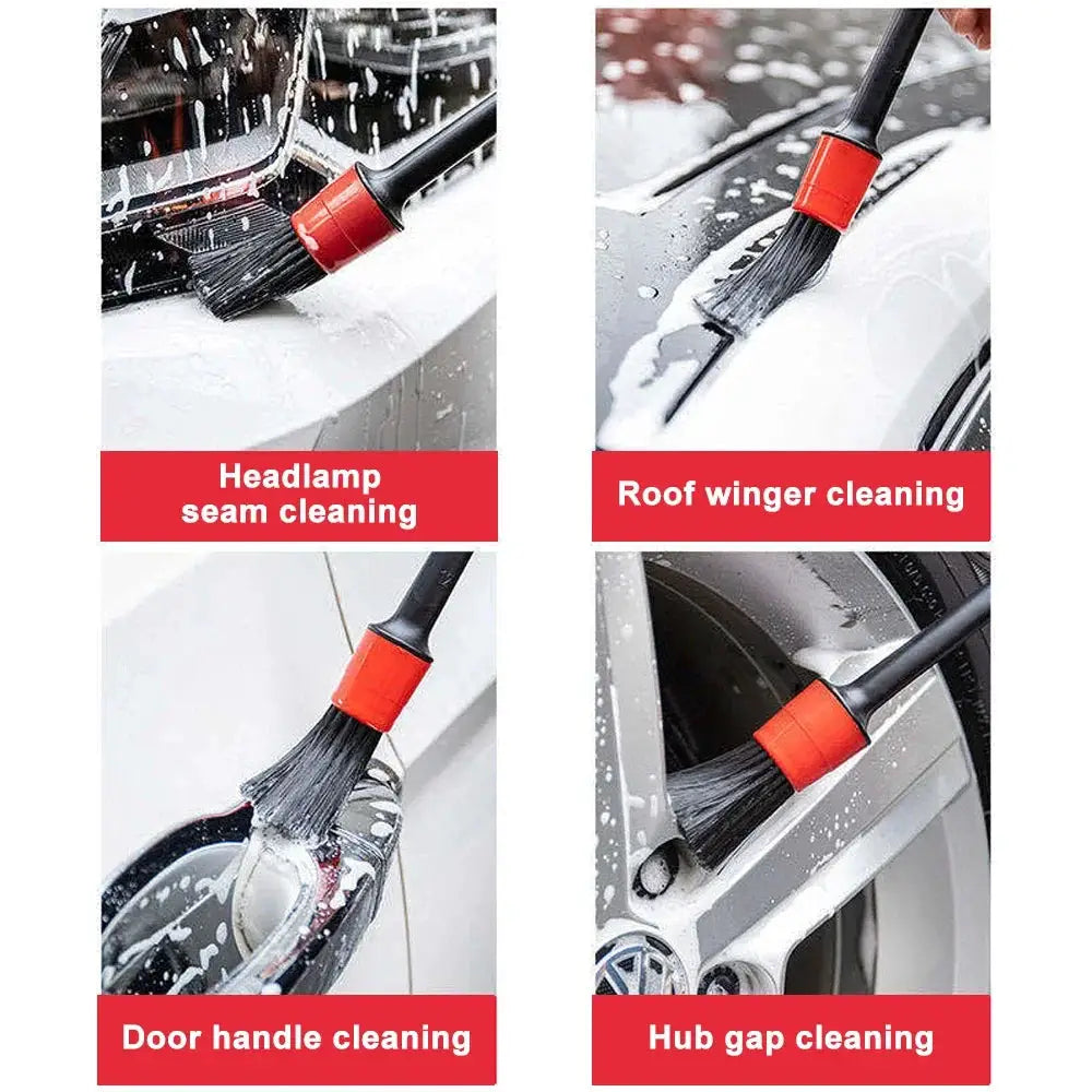 Car detailing brush set with four brushes and red collars for headlamp seams, roof edges, door handles, hub gaps