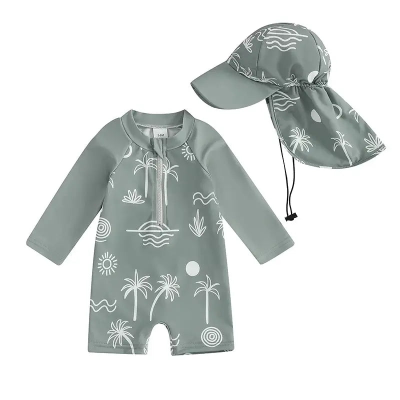 Tregren Toddler Boys Rash Guard Swimsuit Long Sleeve Turtle And Dinosaur Print Bathing Suit With Swim Caps Beachwear