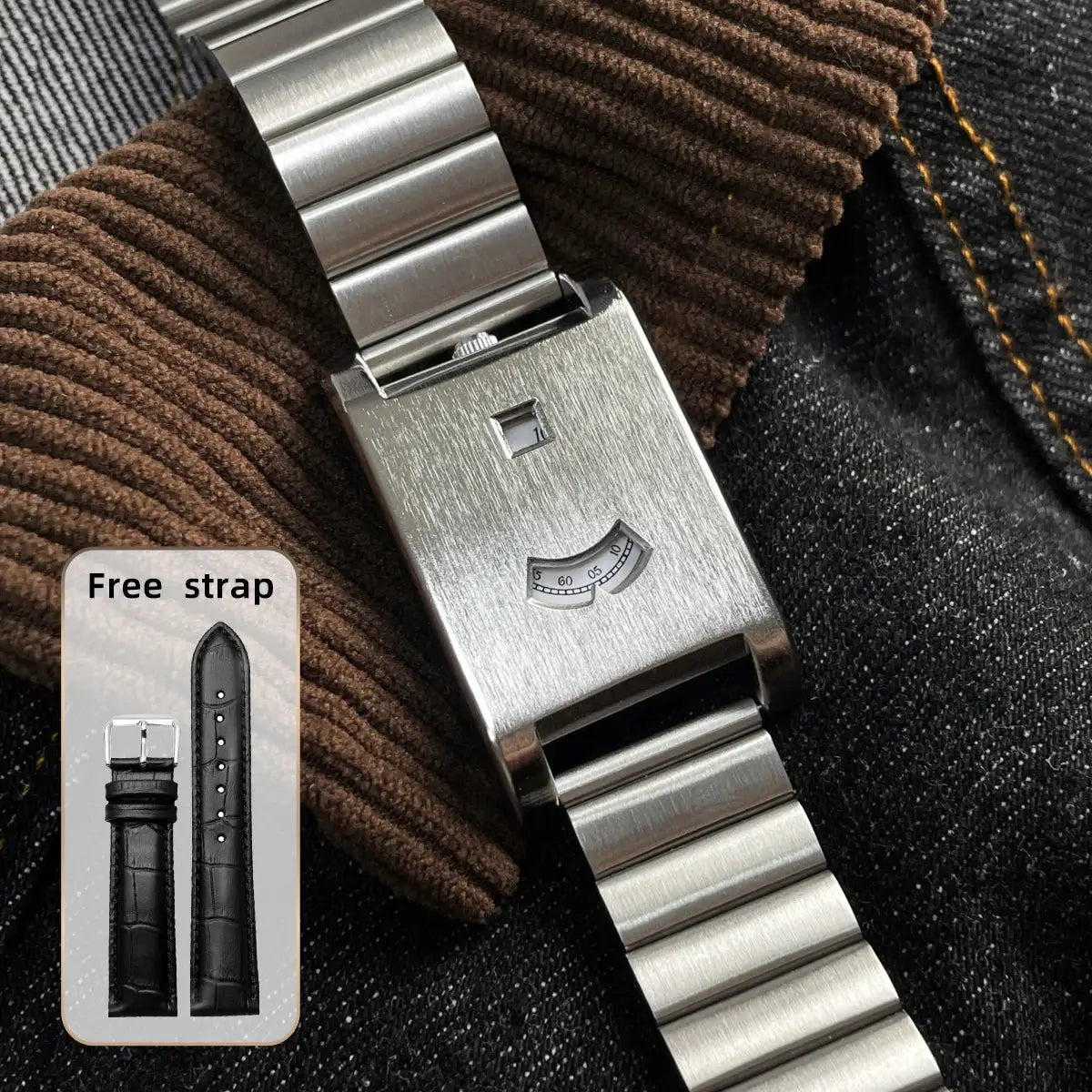 Square stainless steel men's tank watch with brushed bracelet; features date window and includes free leather strap.