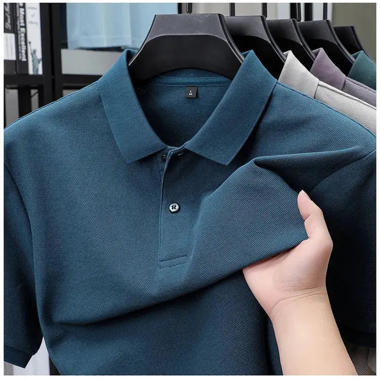 Men's blue 100% cotton polo shirt on a hanger; Simples Market casual polo