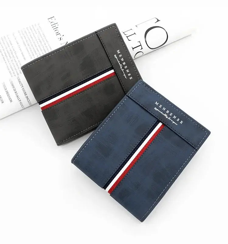 Pair of luxury slim short men's wallets in black and blue PU leather with red-white-blue stripe