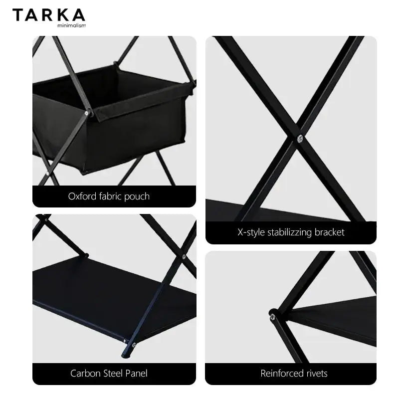 TARKA three-layer folding camping storage rack by Simples Market; black carbon-steel panels and X-style brackets