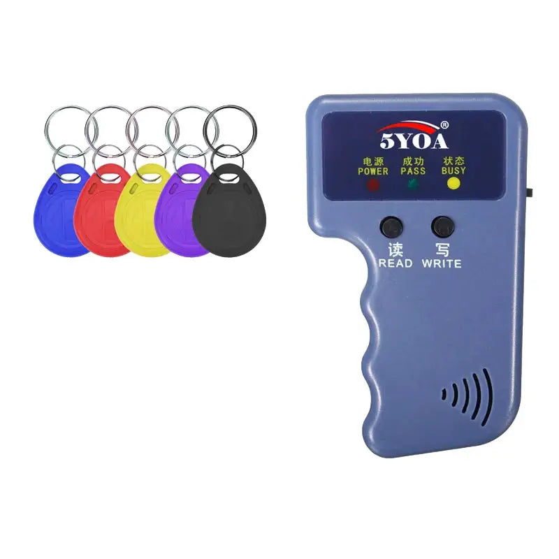 125KHz RFID duplicator and writer with blue handheld unit and six colored key fobs