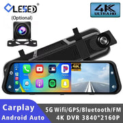 10In Dash Cam 4K 3840x2160P CarPlay Android Auto GPS WiFi Rear Mirror