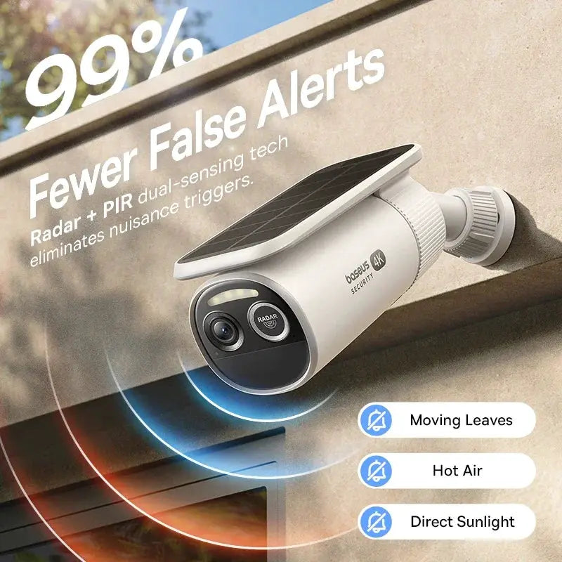 Baseus Security S2 outdoor camera with solar panel on top, white cylindrical body, 4K resolution, wall-mounted