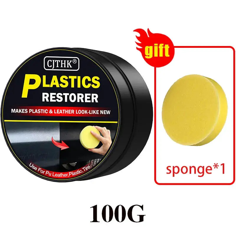 Car plastics restorer by Simples Market; black plastic jar 100G with sponge, restores plastic and leather look