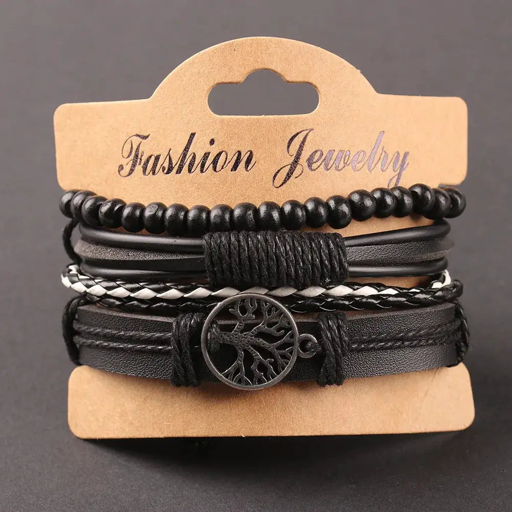 Tree Of Life Four Piece Leather Bracelet Set For Men With Alloy Accents And Wooden Beads Handwoven