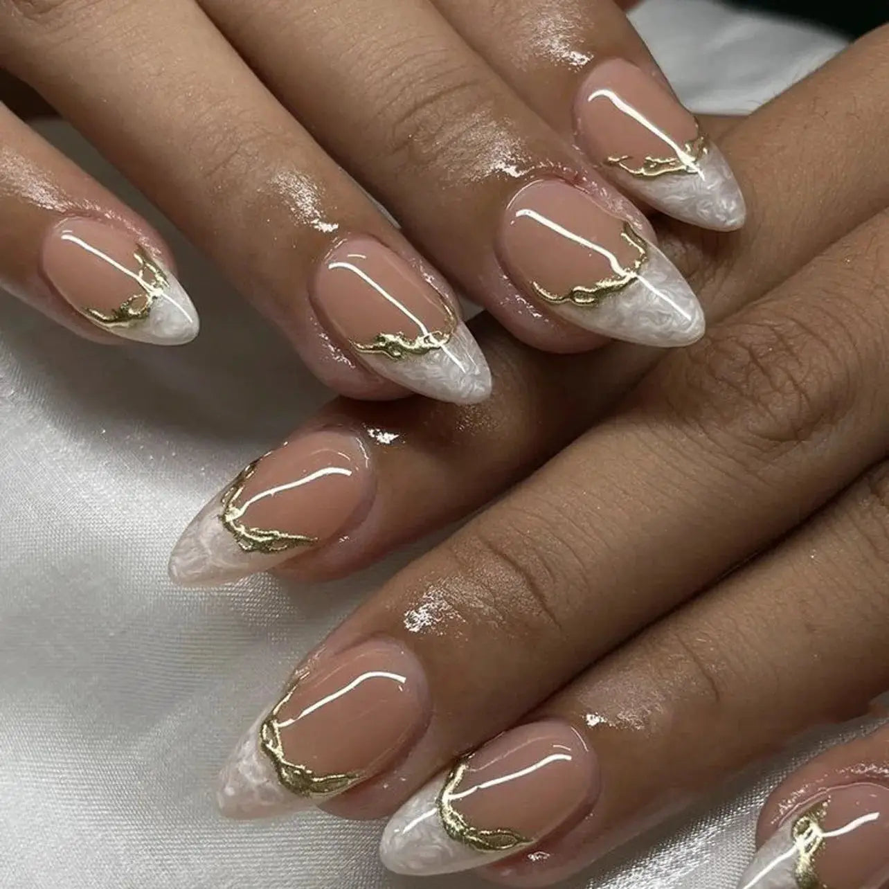 Glamora French Almond False Nails 24 Piece Press On Stiletto Tips With White Edge Design Glue Included For Wearable Glam
