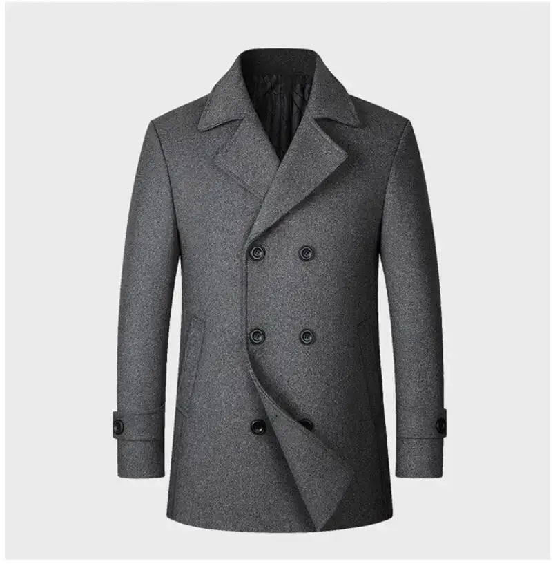 Men's grey wool double-breasted coat; warm winter overcoat with six-button front and notch lapel