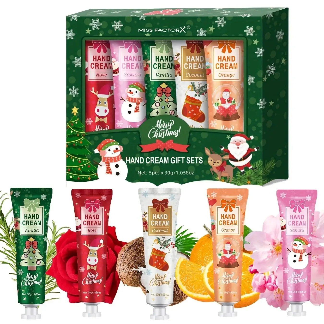 Hand cream gift set, 5x30g tubes in a festive green Miss Factor X box (rose, sakura, vanilla, coconut, orange).