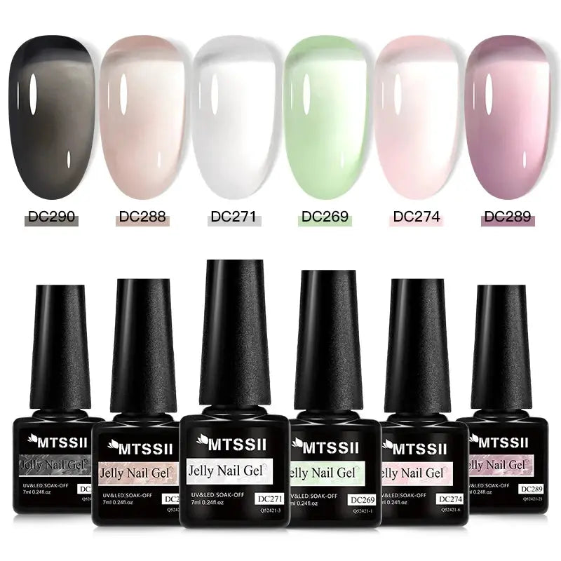 MTSSII jelly gel nail polish 6-piece set with pink, nude, clear, green, purple, black shades; Simples Market