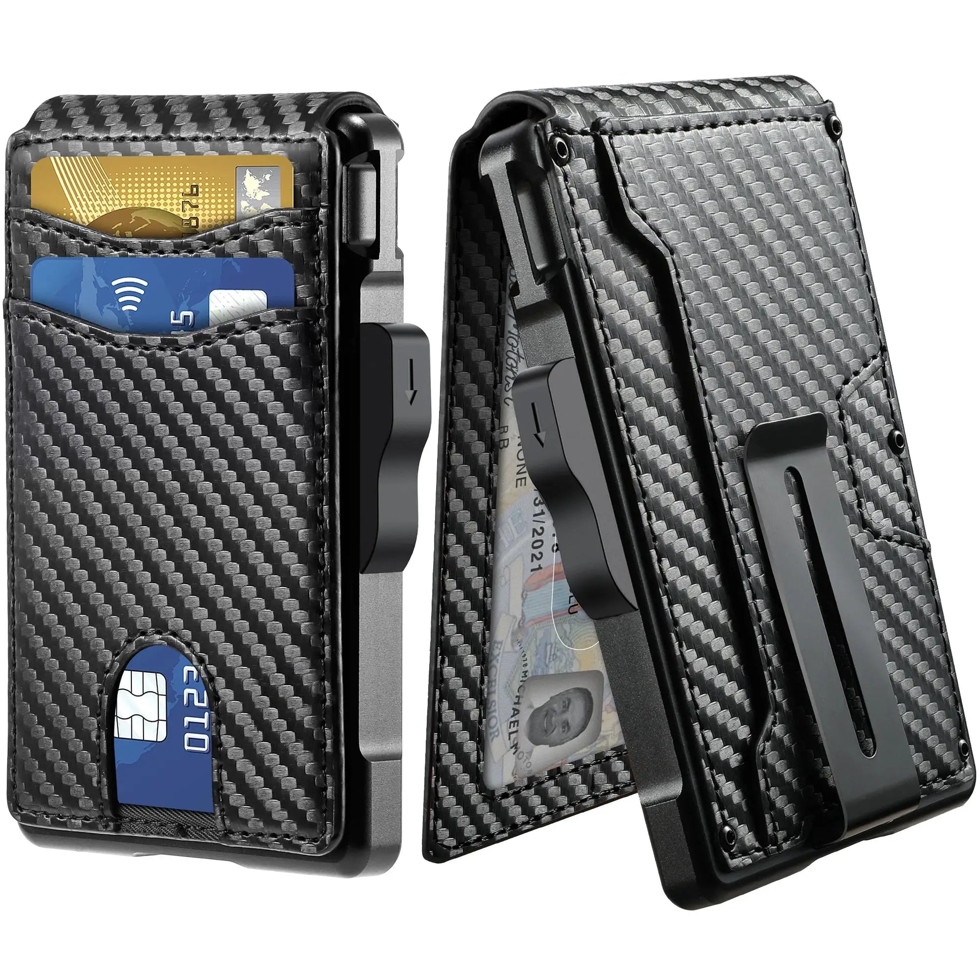 Men's minimalist RFID-blocking wallet by Simples Market with money clip and ID window, holds 9–13 cards.