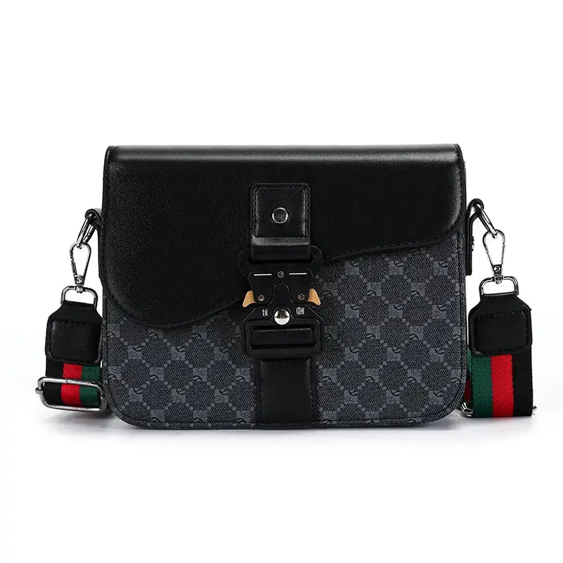 Men's jacquard crossbody bag with black leather flap and adjustable striped strap by Simples Market