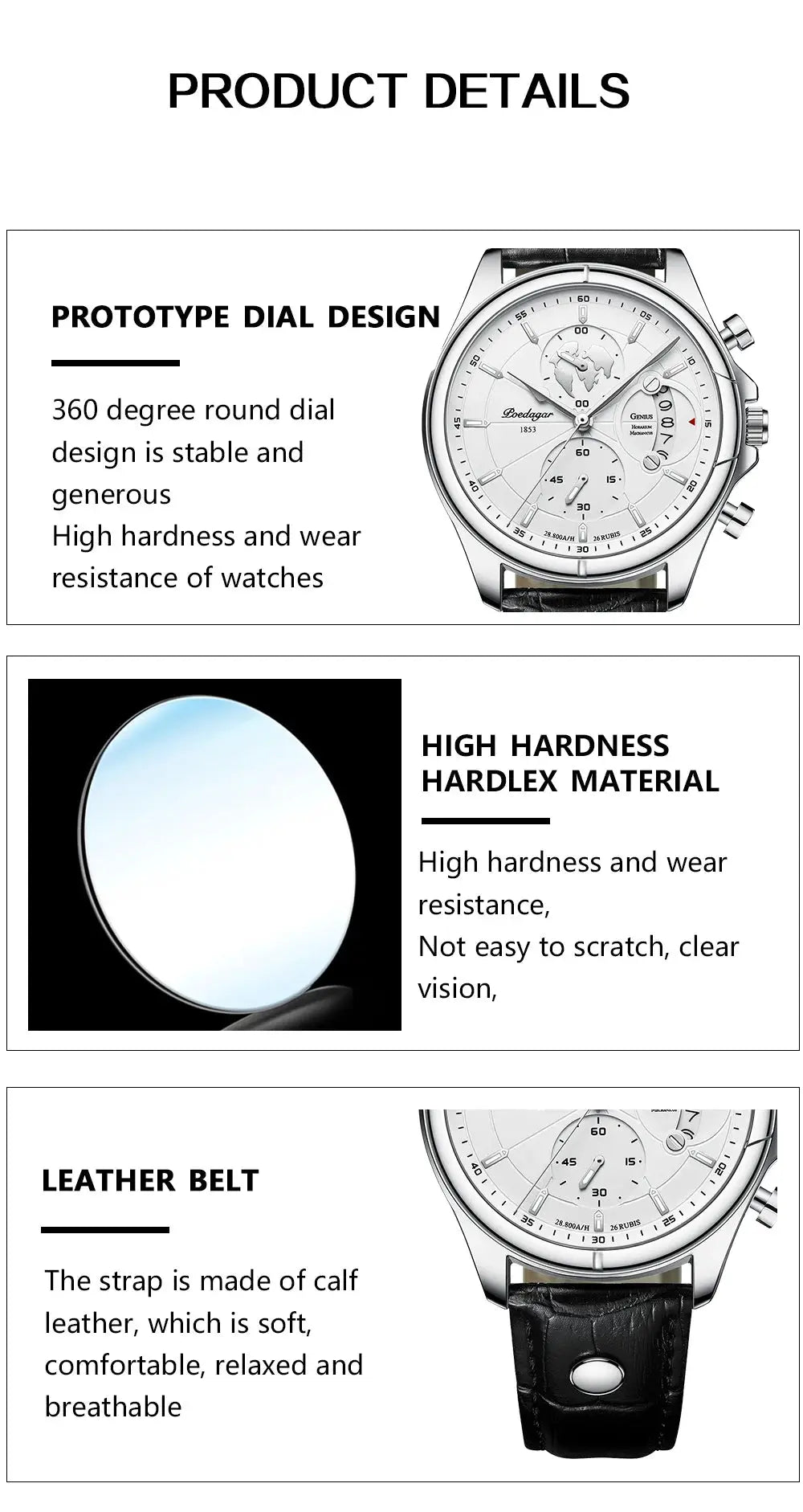 POEDAGAR luxury men's wristwatch with chronograph, white dial, silver case, black leather strap