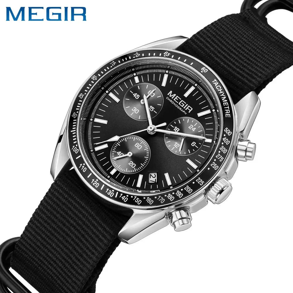Megir Quartz Chronograph Watch Waterproof Sport Wristwatch With Nylon Strap Luminous Pointers And Date
