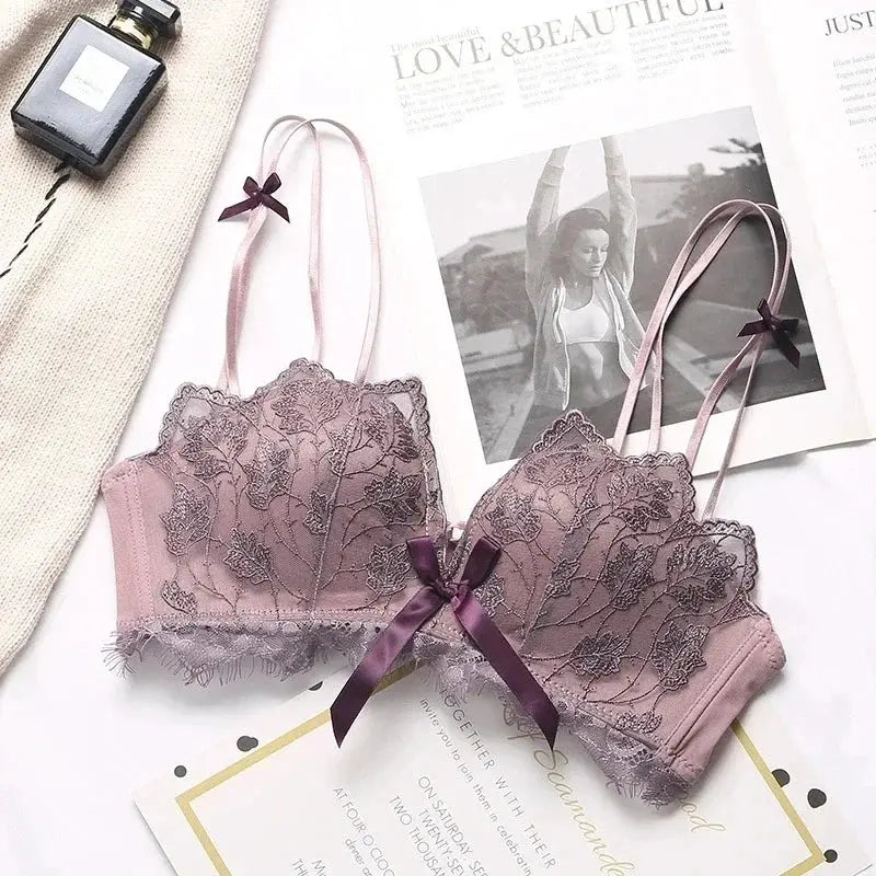 Lace floral embroidery bralette in pink lavender, wireless 3/4 cup with adjustable straps and satin bow