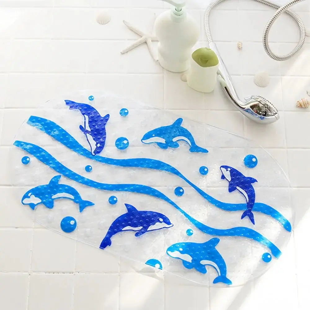 Kids clear PVC bath mat with blue dolphin graphic, oval shape, non-slip suction cups