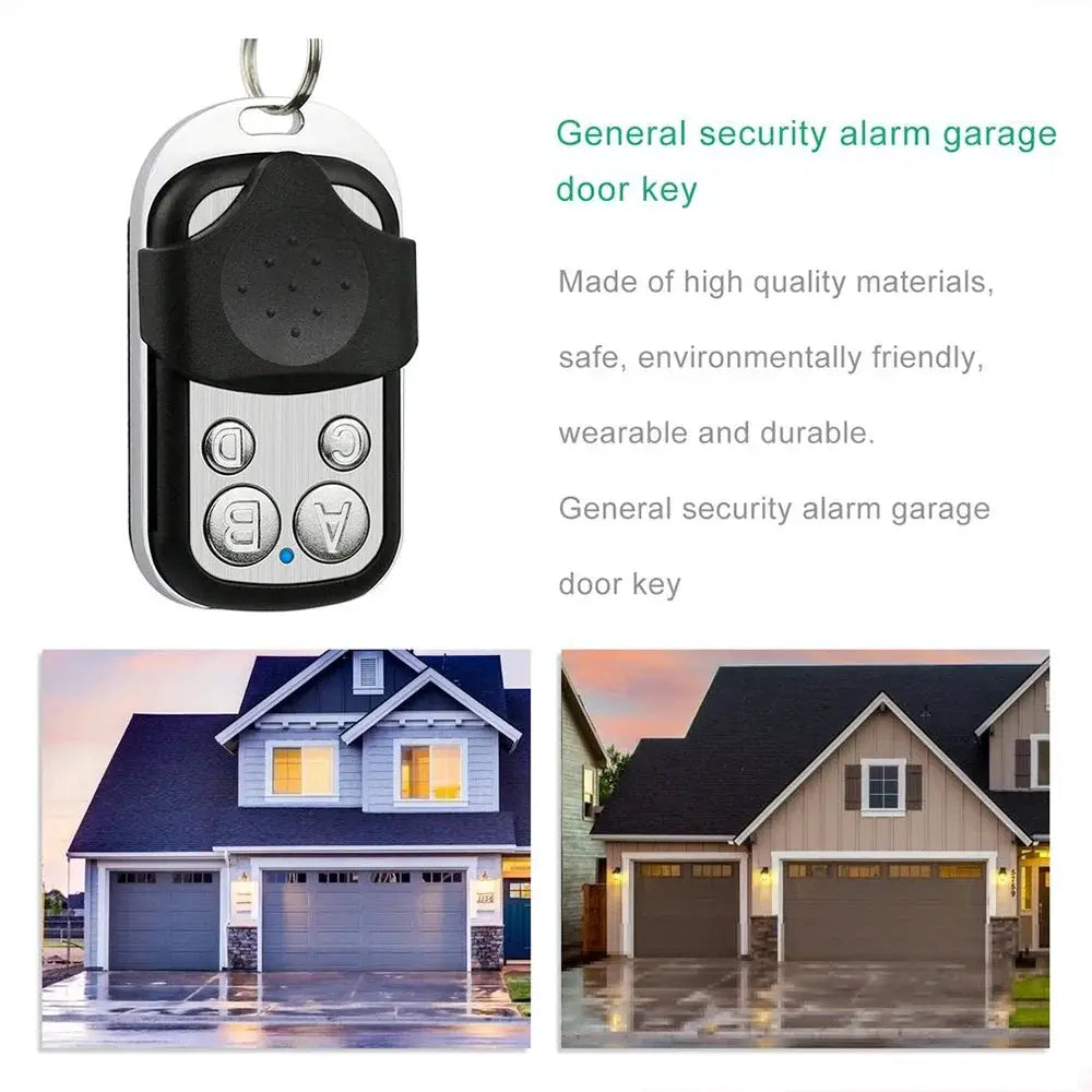 Simples Market universal garage door opener remote with four metal buttons, silver panel and black housing on keyring