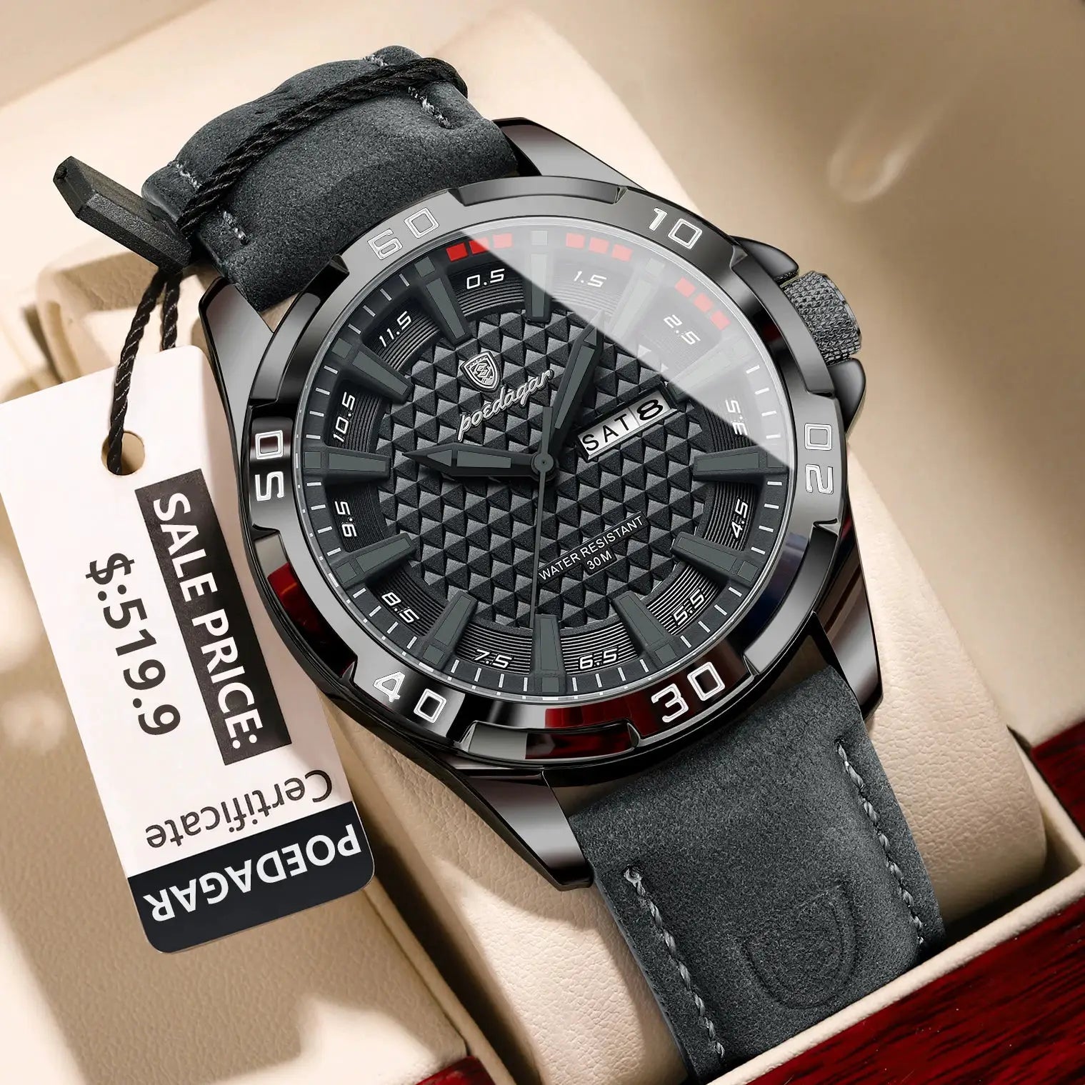 POEDAGAR men's wristwatch with black textured dial and leather strap