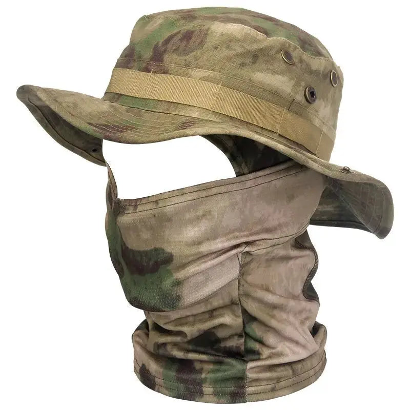 Boonie hat with camouflage pattern and attached neck gaiter, adjustable strap.