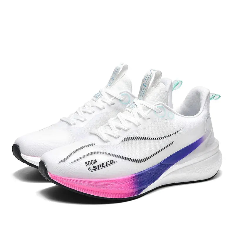 Carbon plate running shoes by Simples Market, white with pink-purple gradient sole, breathable lightweight