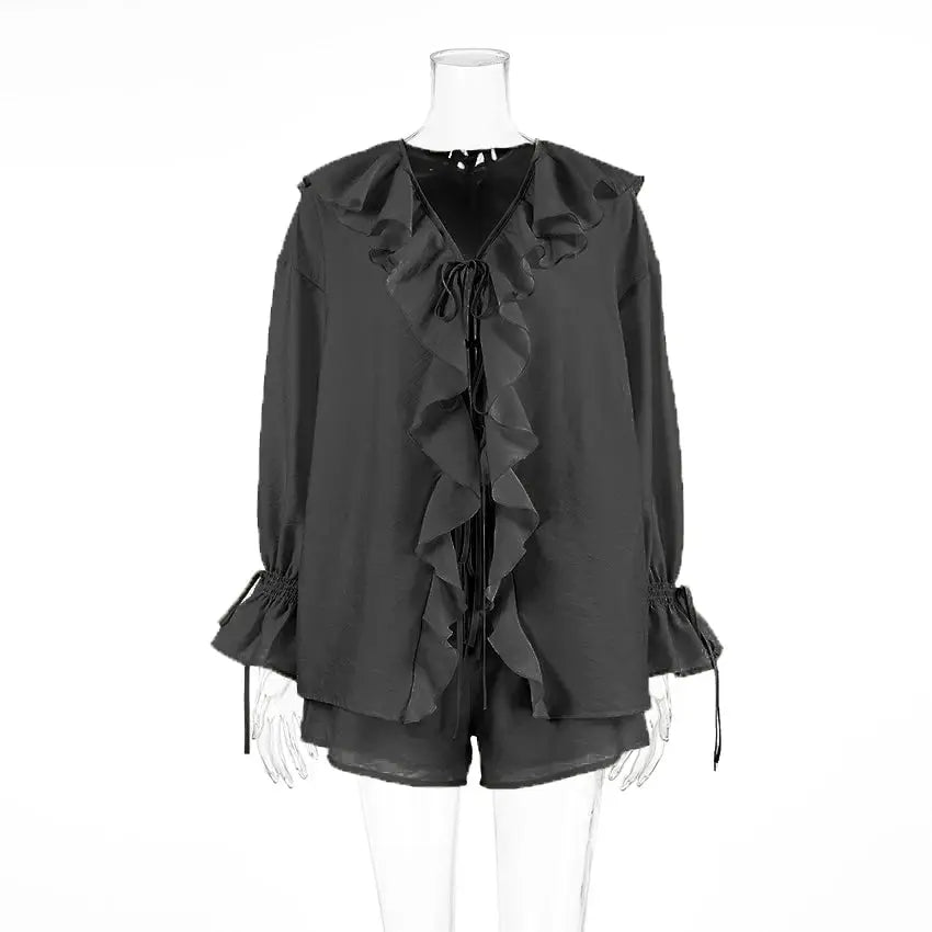 Tornova Womens Ruffled Shorts Sets V Neck Lace Up Shirt Spring Casual