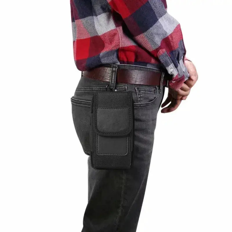 Simples Market nylon mobile phone waist bag with belt loop, black compact holster pouch worn on hip.