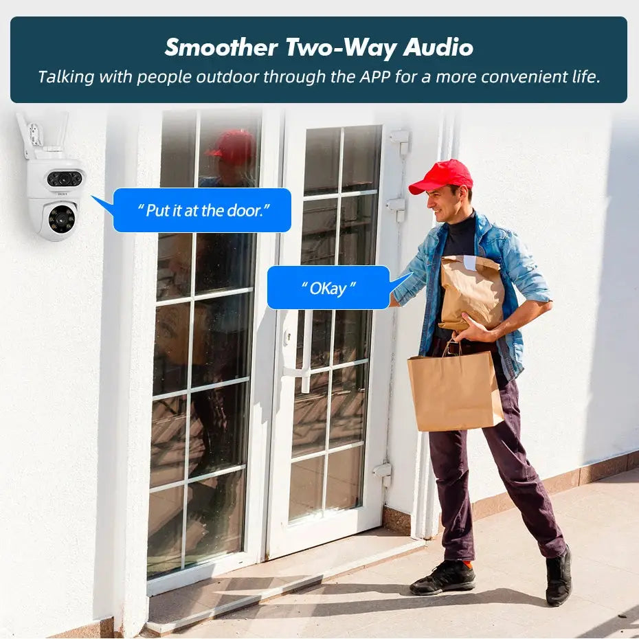 FUERS 5K 10MP dual-lens outdoor IP camera mounted on white exterior wall beside glass door