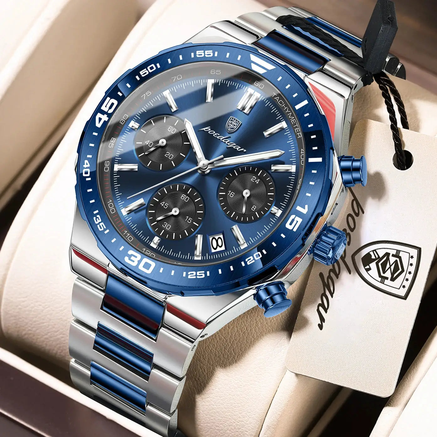 POEDAGAR stainless steel men's chronograph watch with blue dial and blue bezel, date window, and luminous markers